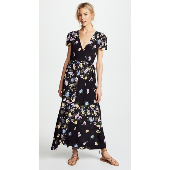 Free People Dresses & Skirts - FP Jess Dress Black Wrap Maxi Floral V-Neck Belted